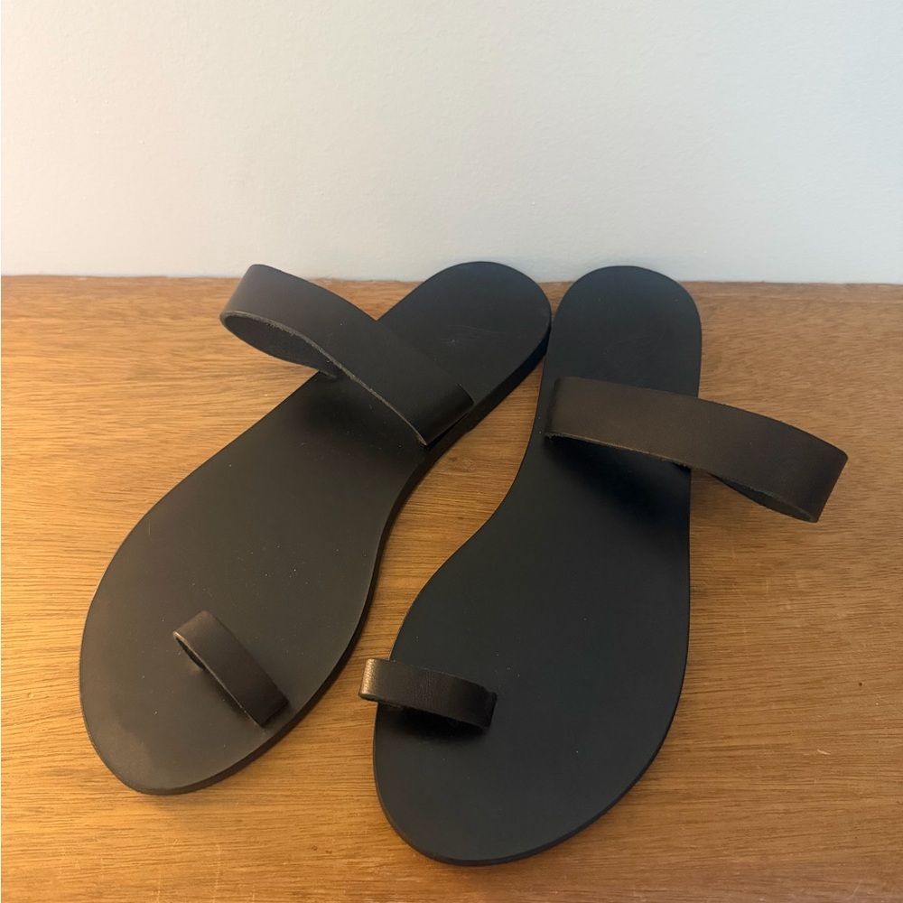 Ancient Greek Sandals Black Toe-Ring Leather Slide Sandals